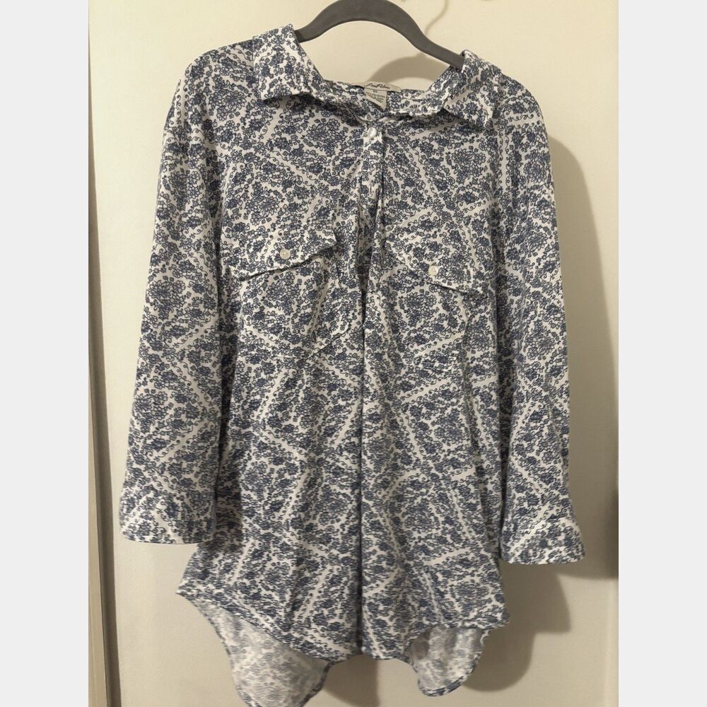 Blue Floral Toile Button Down Womens 2X Cottagecore Vintage Coastal Grandma Soft